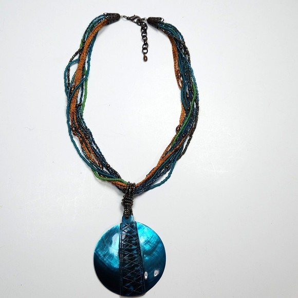 Mother of Pearl Pendant Necklace Dyed Ocean Blue Beaded Multi-Strand 24 in. - Picture 8 of 9